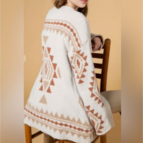 NWOT Warm & Cozy Open Front Cardigan Sweater. Cream, Brown. Geometric. Boho. M. - Picture 1 of 10